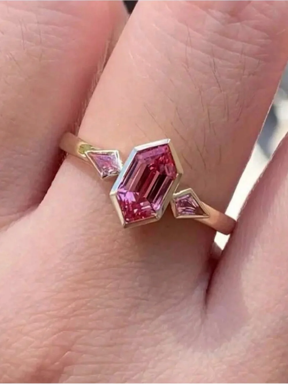 CZ Ring with Pink Hexagonal Center Stone and Pink Side Stones size 7